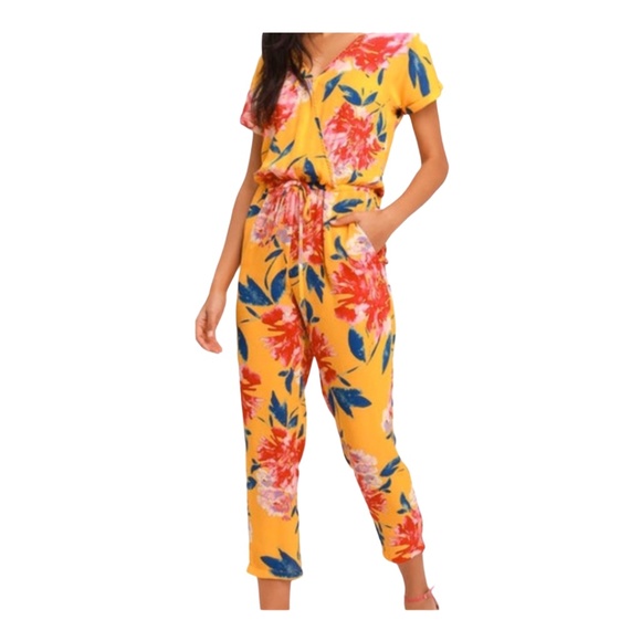 Lulus Pants - LULUS Successful Statice Yellow Floral Jumpsuit